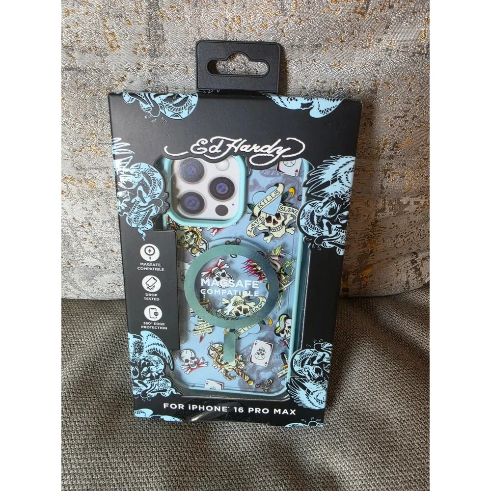Ed Hardy iPhone 16 Pro Max Case MagSafe Tattoo Skull Blue NEW